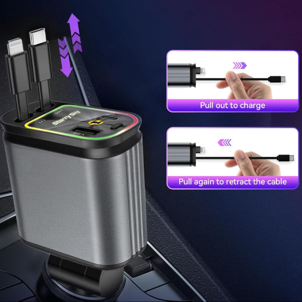 Car charger with retractable cable on a dark background