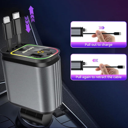 Car charger with retractable cable on a dark background